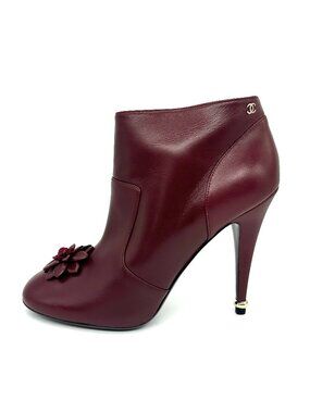 CHANEL 15A Leather Camellia Flower Ankle Bootie Boots Heel Shoes Burgundy